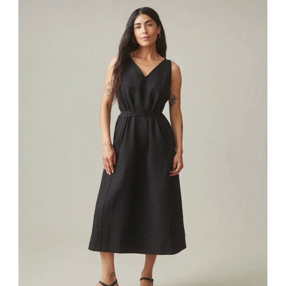 American Giant Midi Dress Womens XS Black Linen Tie Waist Pockets V-Neck NEW - Picture 2 of 9